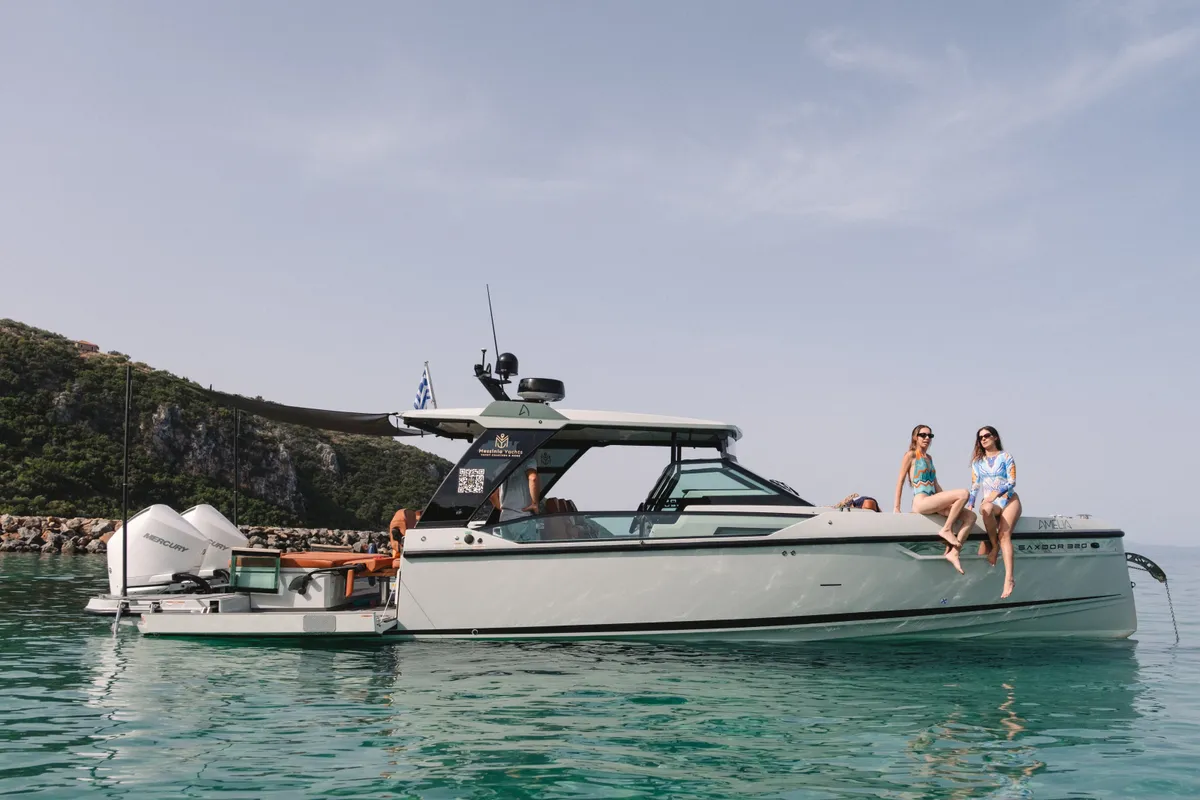 Exterior view of Amelia, a Saxdor 320 GTO motorboat at Pylos, Greece