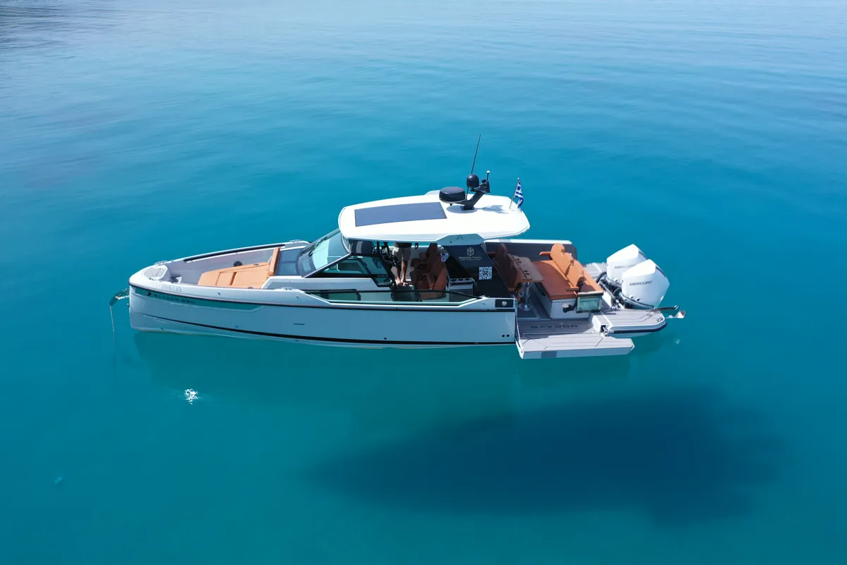 Exterior view of Amelia, a Saxdor 320 GTO motorboat at Pylos, Greece