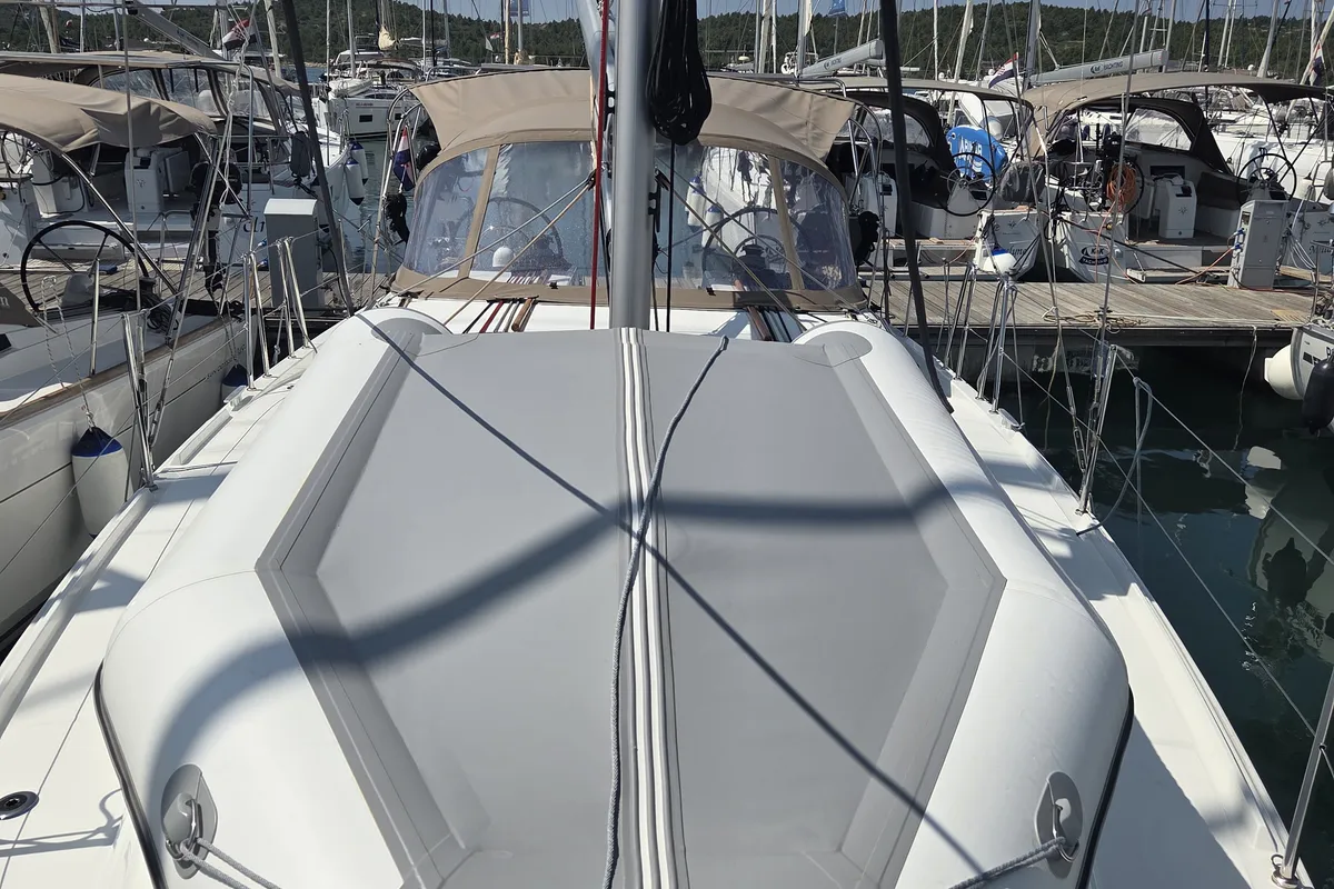 Deck of Ancsika, a Jeanneau Sun Odyssey 380 sailboat at Pirovac, Croatia