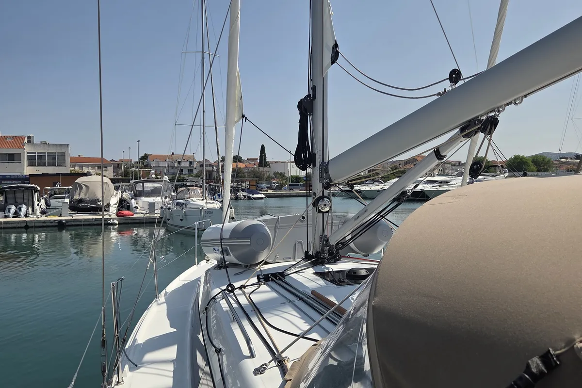 Deck of Ancsika, a Jeanneau Sun Odyssey 380 sailboat at Pirovac, Croatia