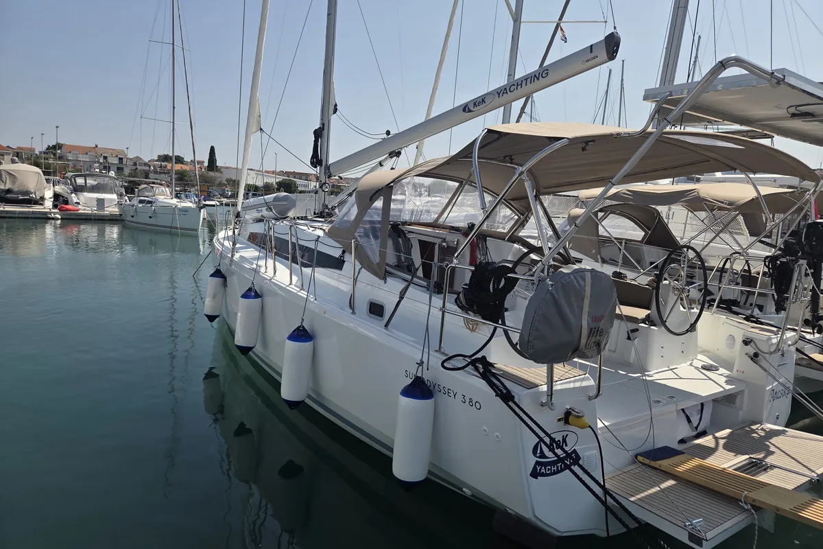 Exterior view of Ancsika, a Jeanneau Sun Odyssey 380 sailboat at Pirovac, Croatia