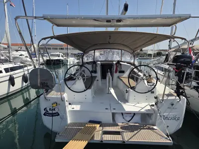 Cockpit of Ancsika, a Jeanneau Sun Odyssey 380 sailboat at Pirovac, Croatia