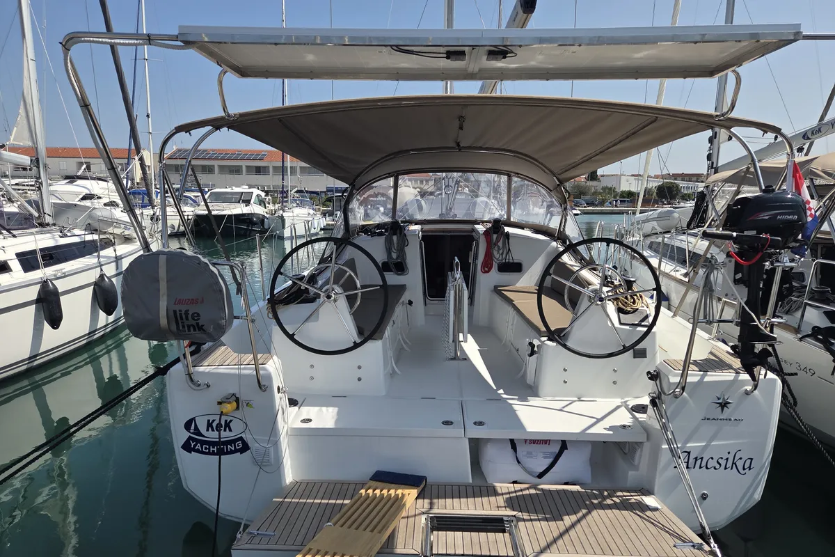 Cockpit of Ancsika, a Jeanneau Sun Odyssey 380 sailboat at Pirovac, Croatia
