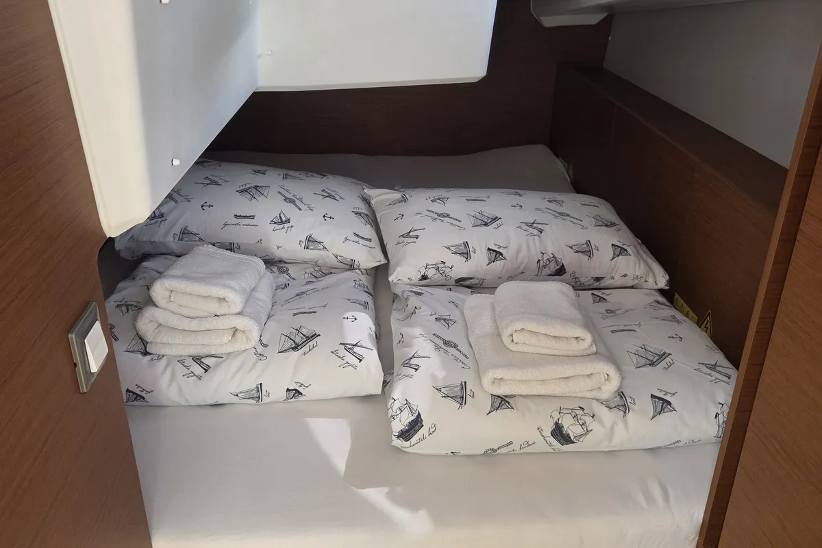 Cabin on Ancsika, a Jeanneau Sun Odyssey 380 sailboat at Pirovac, Croatia