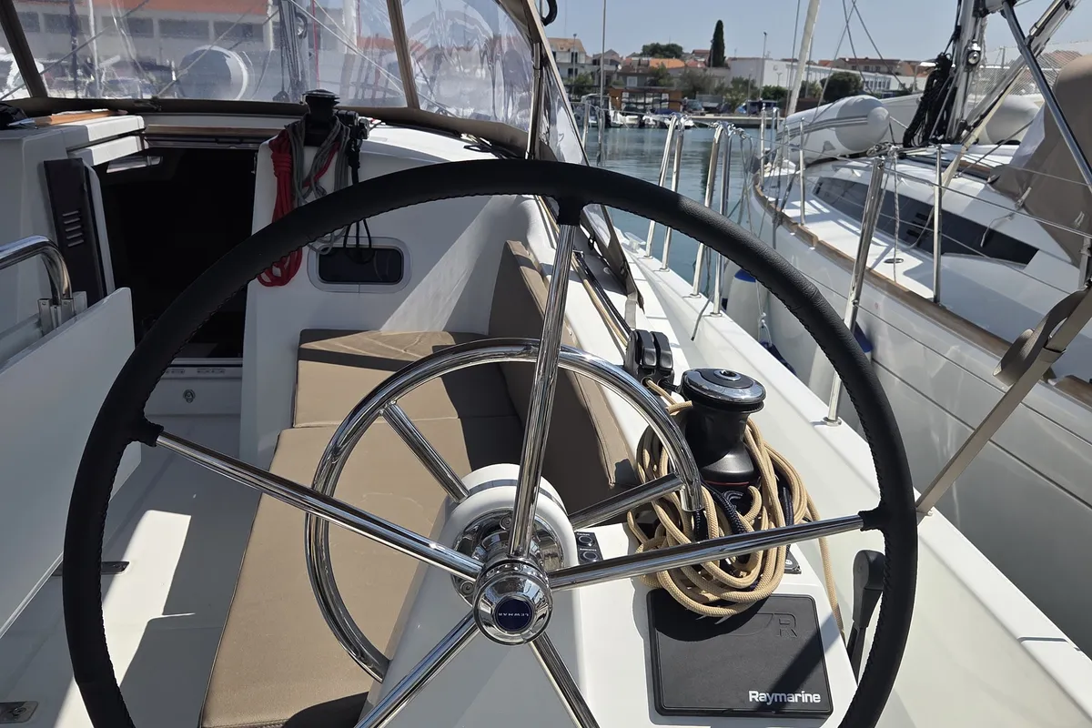 Cockpit of Ancsika, a Jeanneau Sun Odyssey 380 sailboat at Pirovac, Croatia
