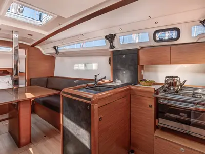 Galley of Afrodite, a Jeanneau Sun Odyssey 349 sailboat at Municipal Unit of Palairos, Greece