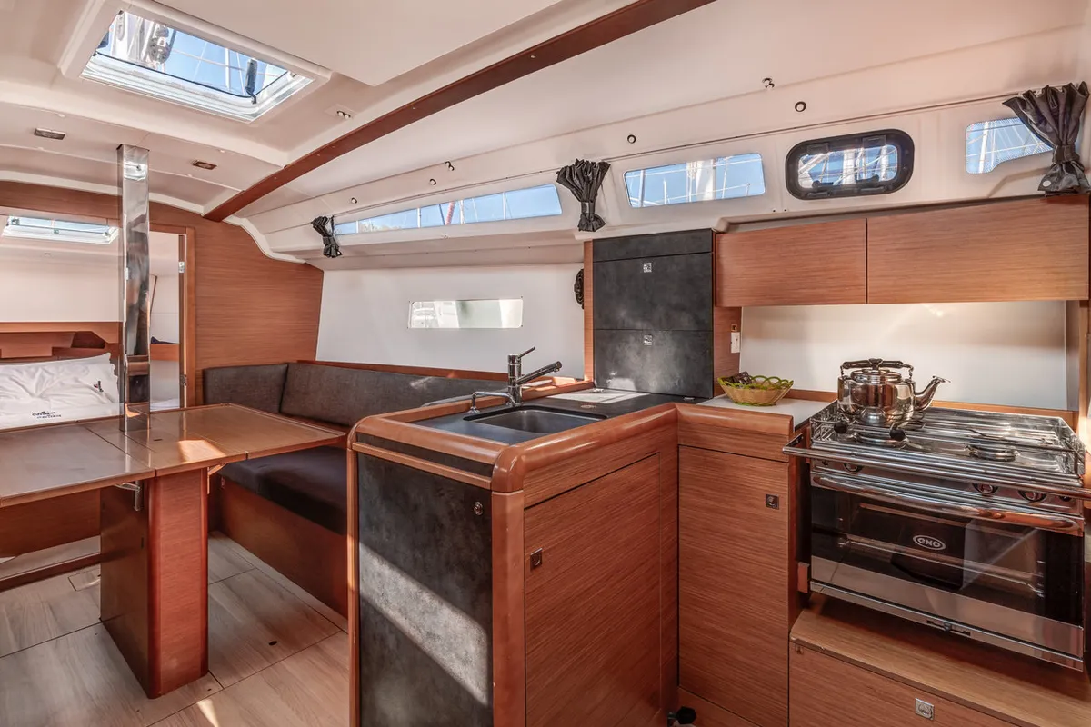 Galley of Afrodite, a Jeanneau Sun Odyssey 349 sailboat at Municipal Unit of Palairos, Greece
