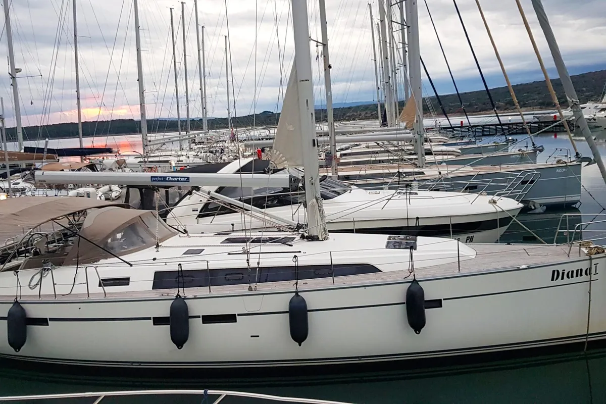 Exterior view of Diana I, a Bavaria 46 sailboat at Punat, Croatia
