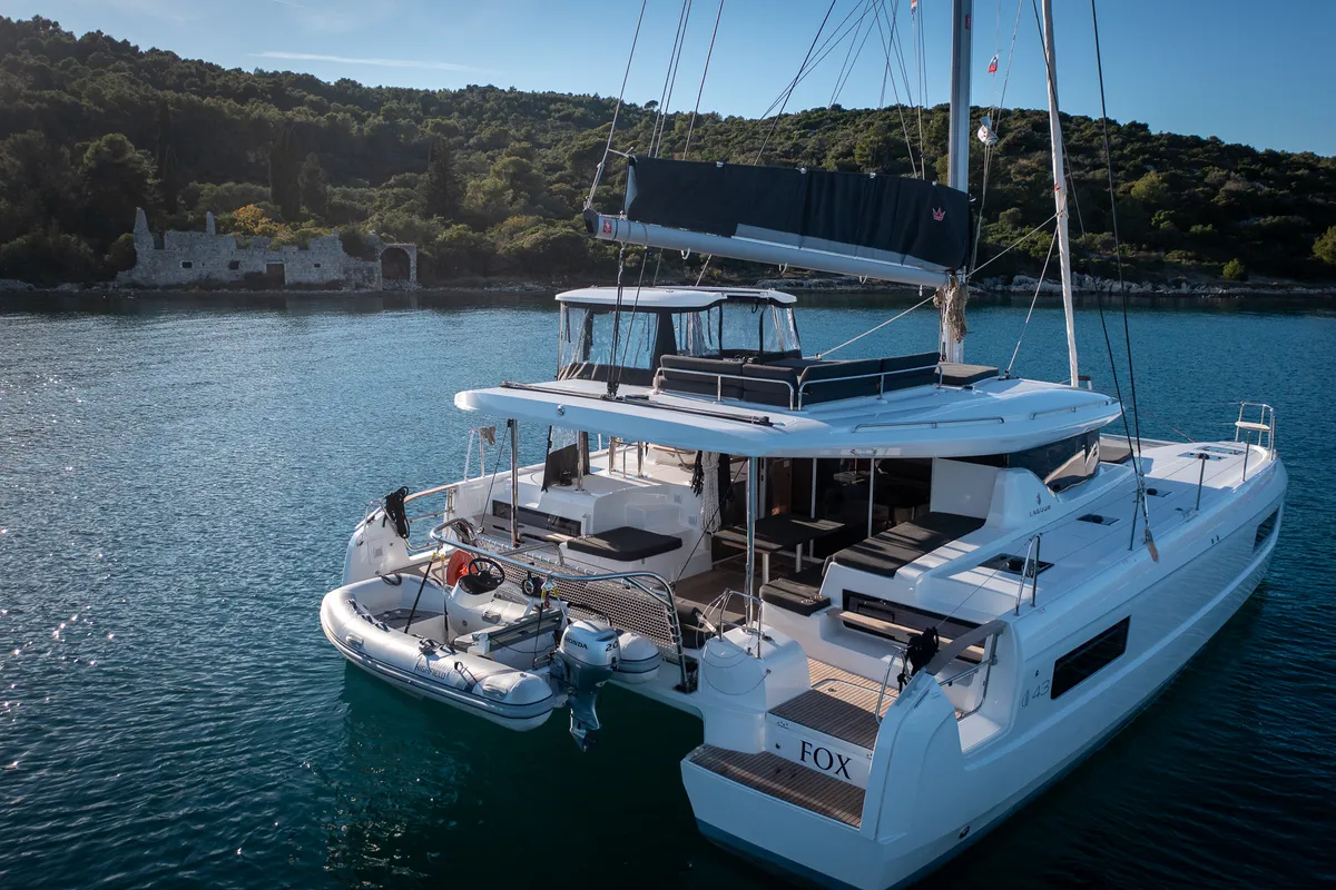 Exterior view of Fox, a Lagoon 43 catamaran at Seget Donji, Croatia