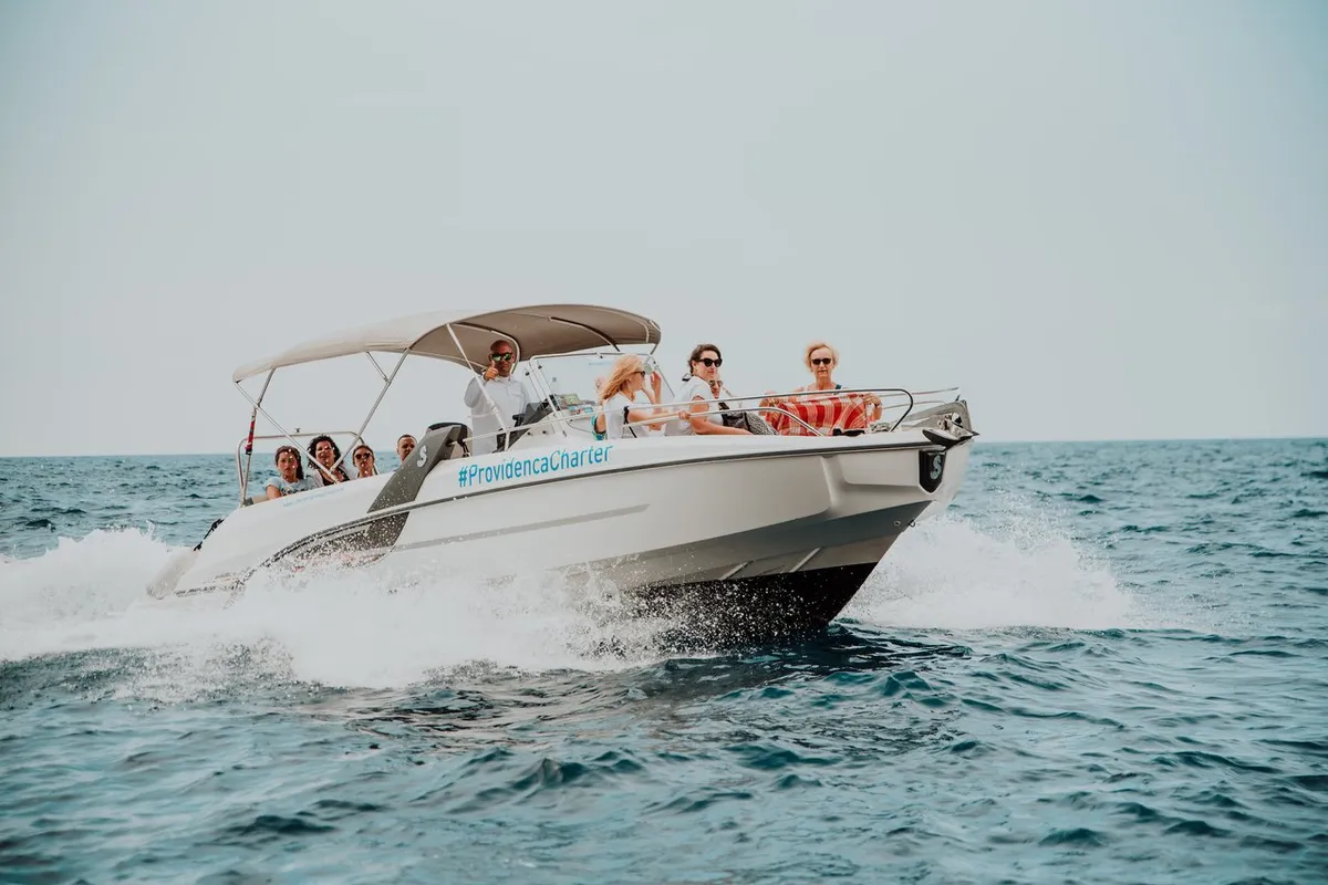 Beneath Flyer 7.7 Space Deck, a Beneteau Flyer 7.7 Space Deck motorboat at Grad Trogir, Croatia