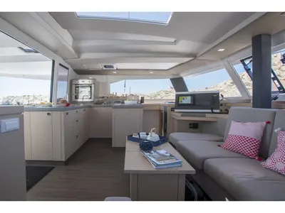 Salon of Timeless Planet, a Fountaine Pajot Astréa 42 catamaran at Marsala, Italy