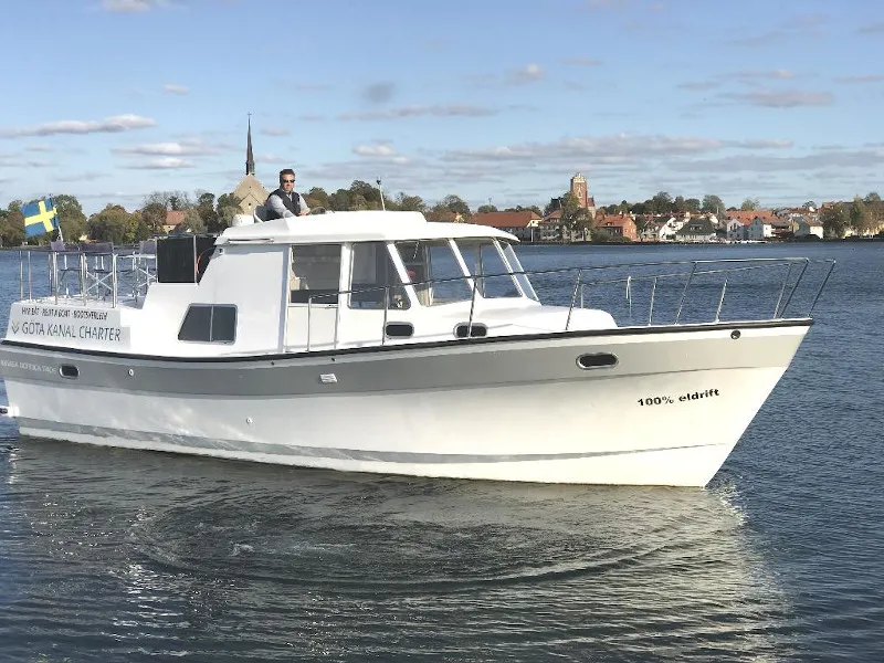 Exterior view of Caspian af Vadstena, a Naviga Nordica T 40 motorboat at Motala, Sweden