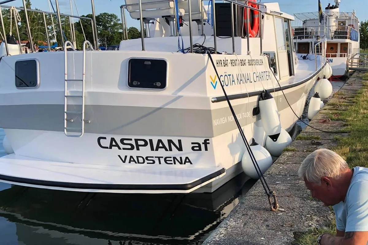 Exterior view of Caspian af Vadstena, a Naviga Nordica T 40 motorboat at Motala, Sweden