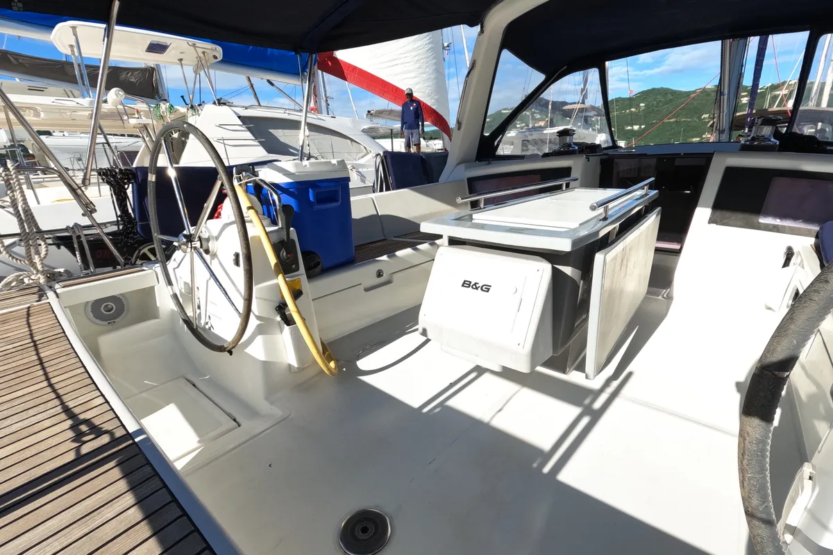 Cockpit of Jada, a Beneteau Oceanis 48 sailboat at Road Town, British Virgin Islands