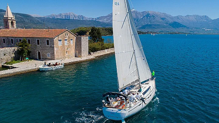 Exterior view of Altair, a Bavaria Cruiser 46 sailboat at Kotor, Montenegro
