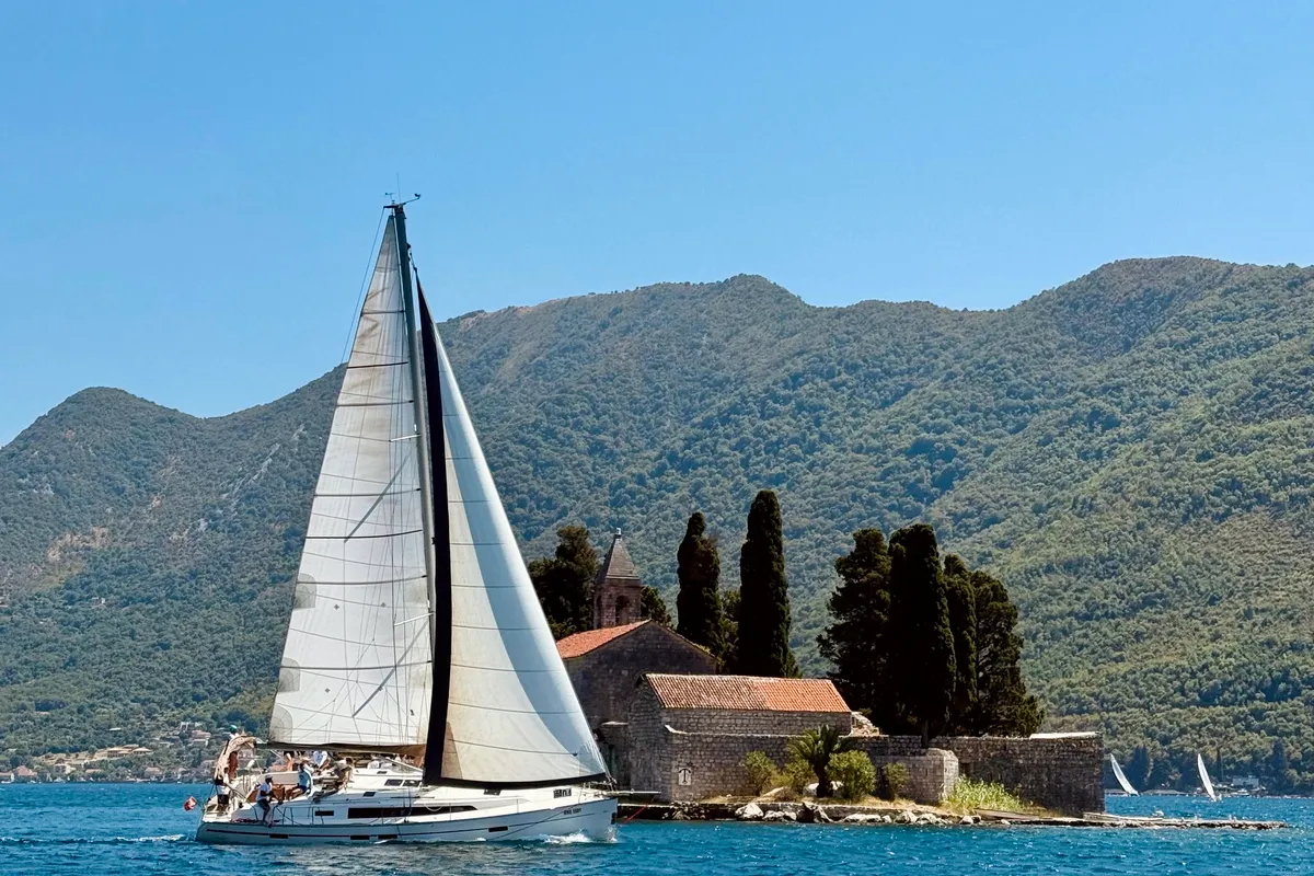 Exterior view of Altair, a Bavaria Cruiser 46 sailboat at Kotor, Montenegro