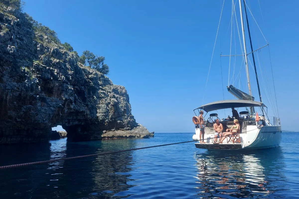 Exterior view of Altair, a Bavaria Cruiser 46 sailboat at Kotor, Montenegro