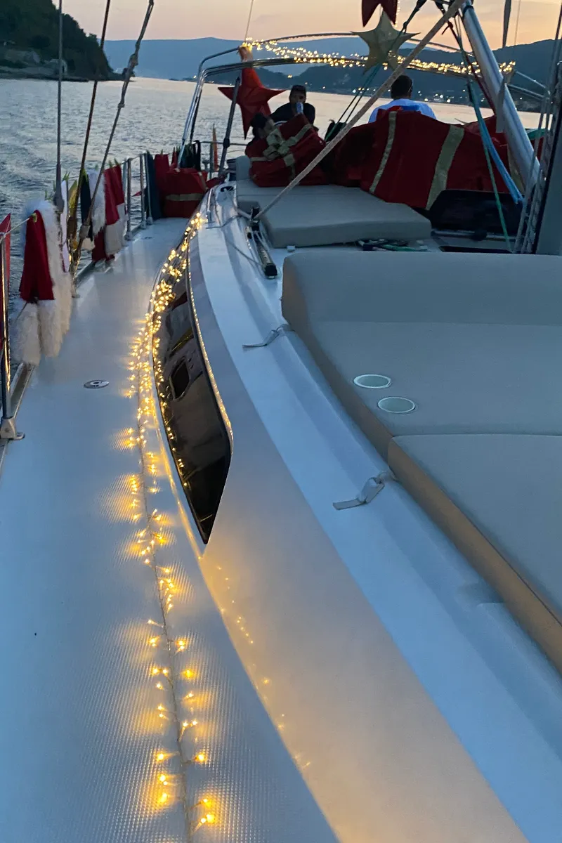 Deck of Altair, a Bavaria Cruiser 46 sailboat at Kotor, Montenegro
