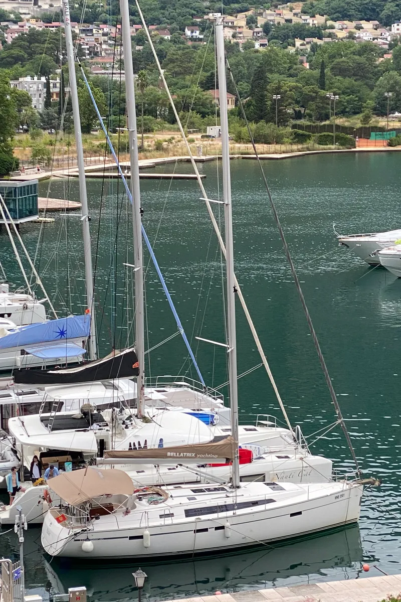 Exterior view of Altair, a Bavaria Cruiser 46 sailboat at Kotor, Montenegro