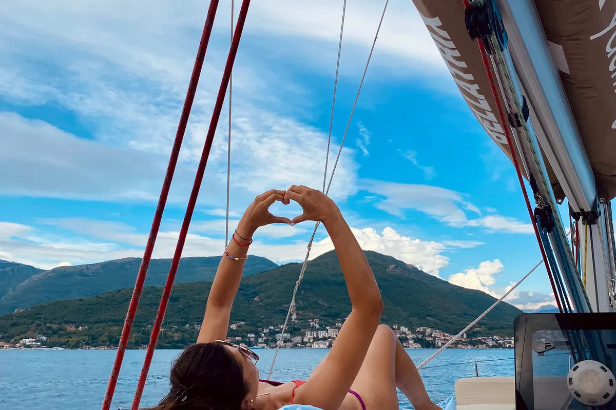 Deck of Altair, a Bavaria Cruiser 46 sailboat at Kotor, Montenegro