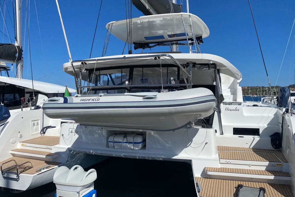 Exterior view of Hercules, a Lagoon 46 catamaran at Olbia, Italy