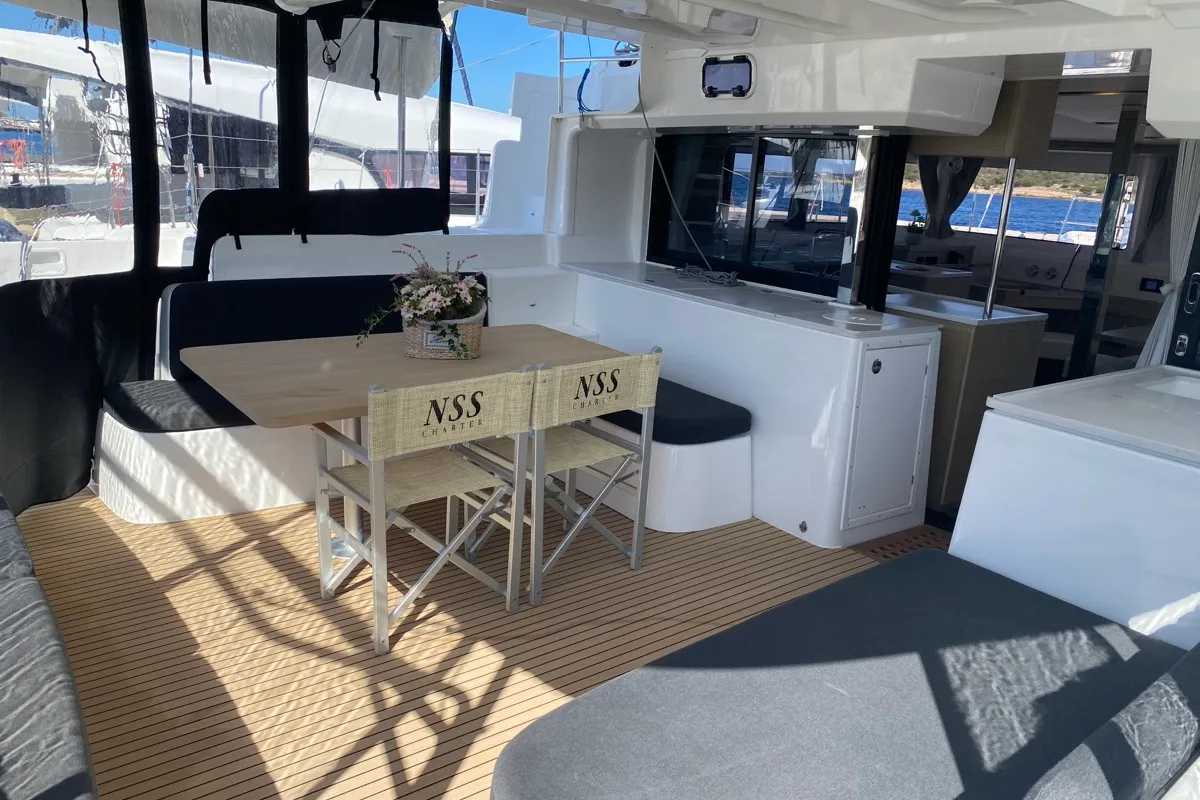 Deck of Hercules, a Lagoon 46 catamaran at Olbia, Italy