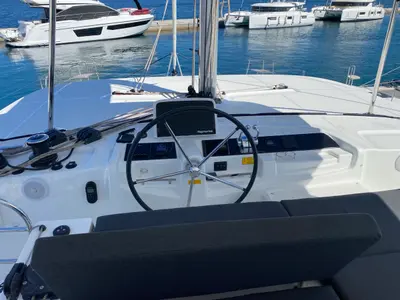 Cockpit of Hercules, a Lagoon 46 catamaran at Olbia, Italy