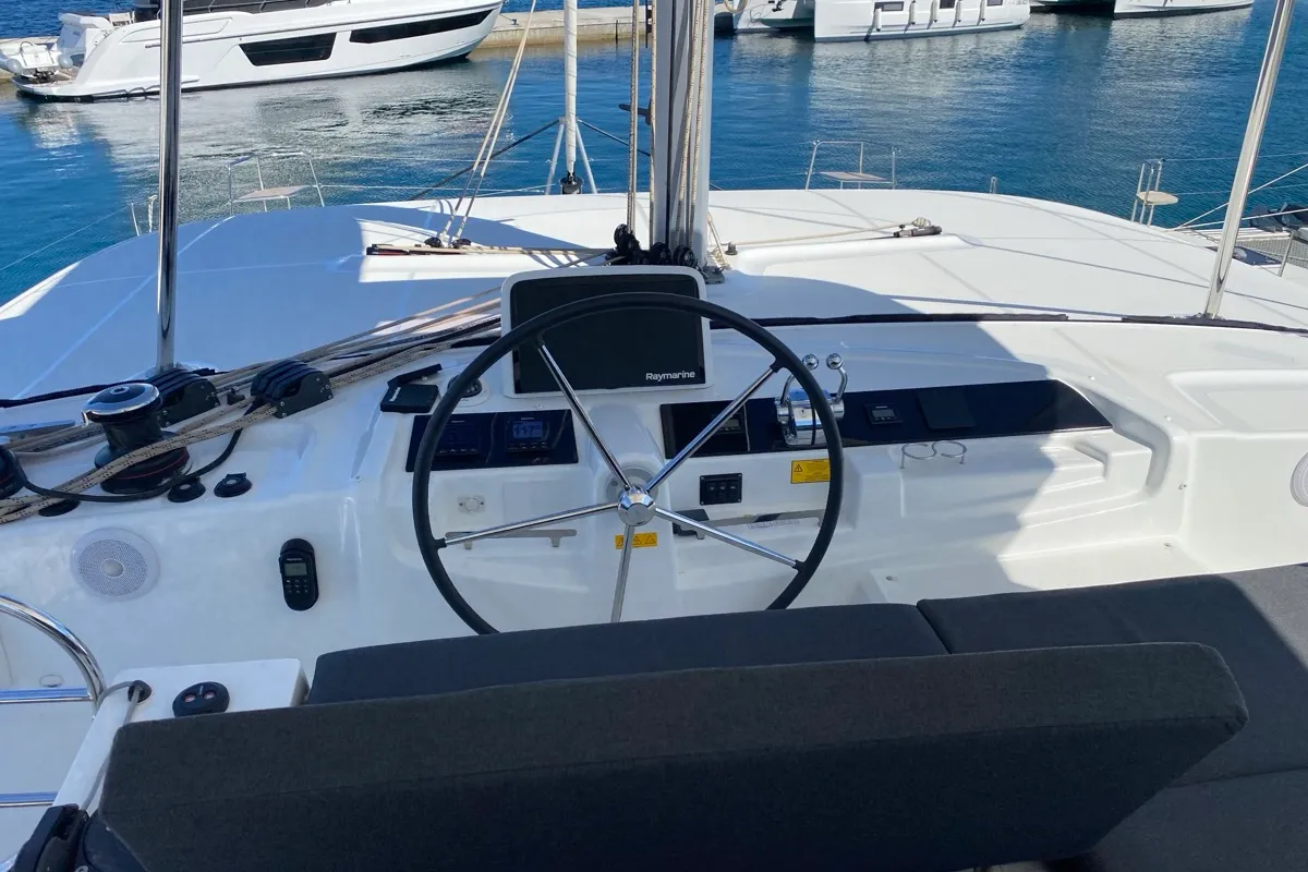 Cockpit of Hercules, a Lagoon 46 catamaran at Olbia, Italy
