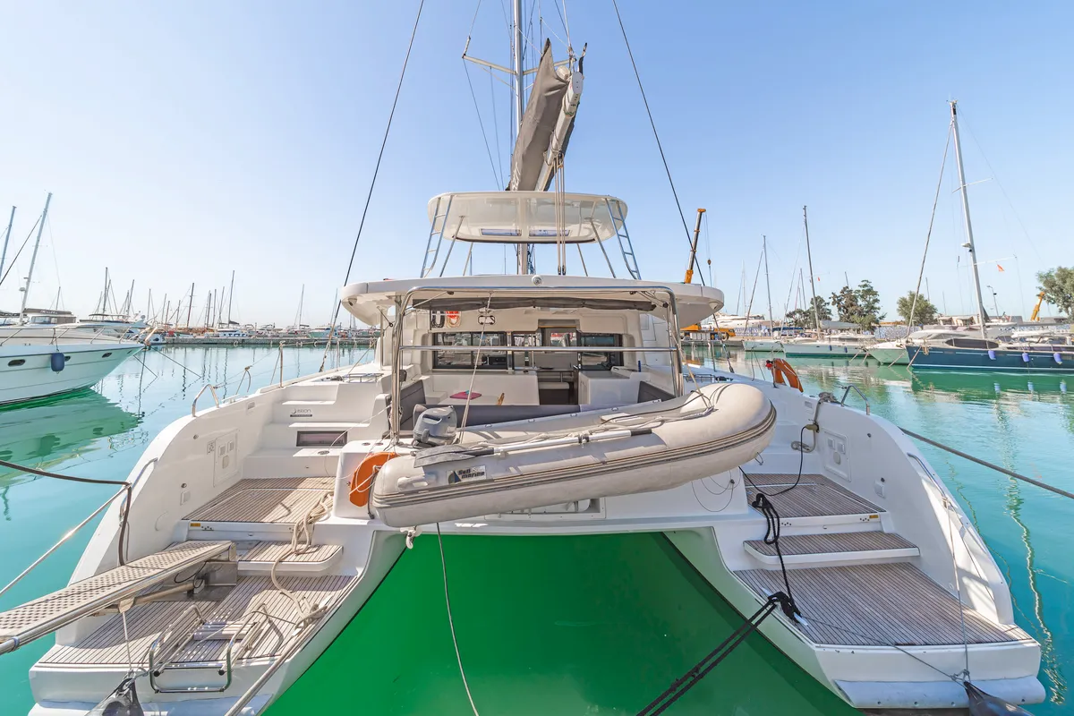 Exterior view of Harmony, a Lagoon 46 catamaran at Lavreotiki Municipal Unit, Greece
