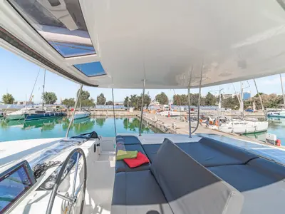 Cockpit of Harmony, a Lagoon 46 catamaran at Lavreotiki Municipal Unit, Greece