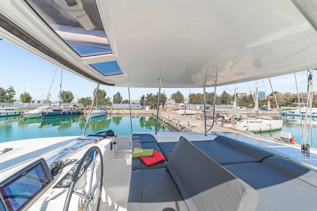 Cockpit of Harmony, a Lagoon 46 catamaran at Lavreotiki Municipal Unit, Greece