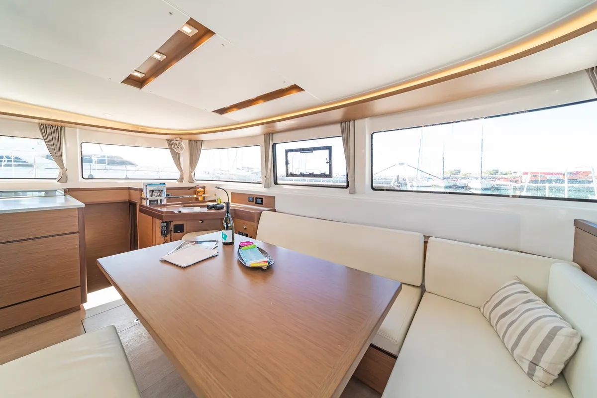Salon of Harmony, a Lagoon 46 catamaran at Lavreotiki Municipal Unit, Greece