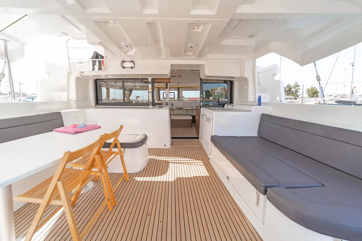 Deck of Harmony, a Lagoon 46 catamaran at Lavreotiki Municipal Unit, Greece