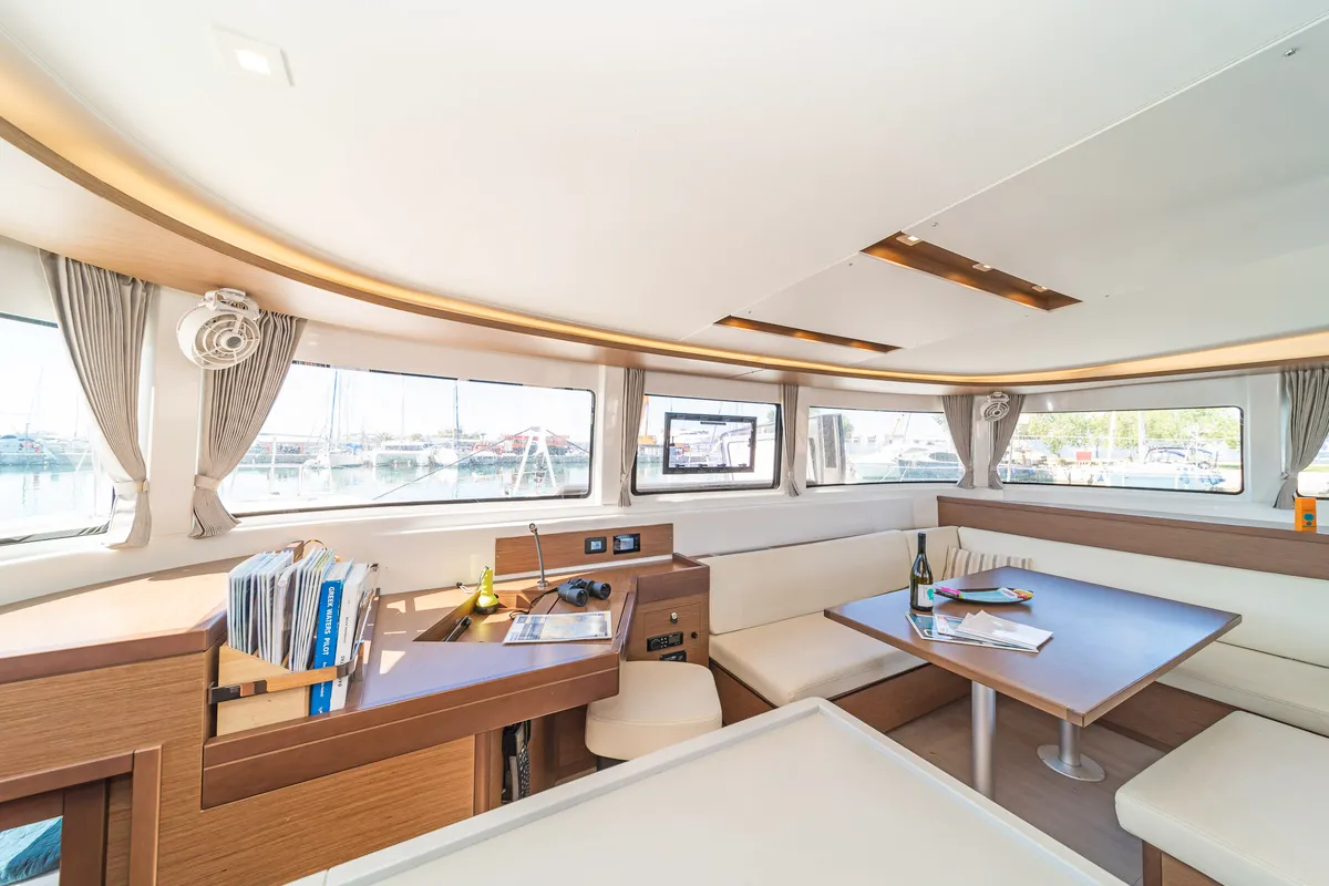 Salon of Harmony, a Lagoon 46 catamaran at Lavreotiki Municipal Unit, Greece