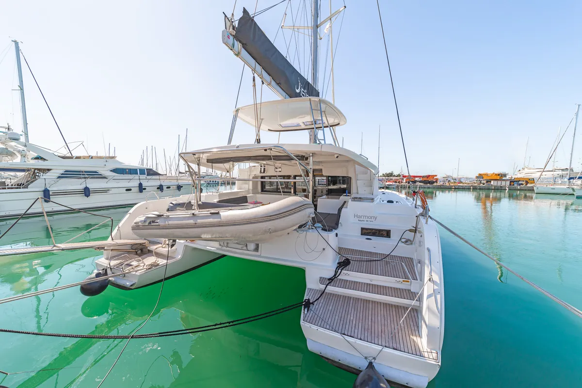 Exterior view of Harmony, a Lagoon 46 catamaran at Lavreotiki Municipal Unit, Greece