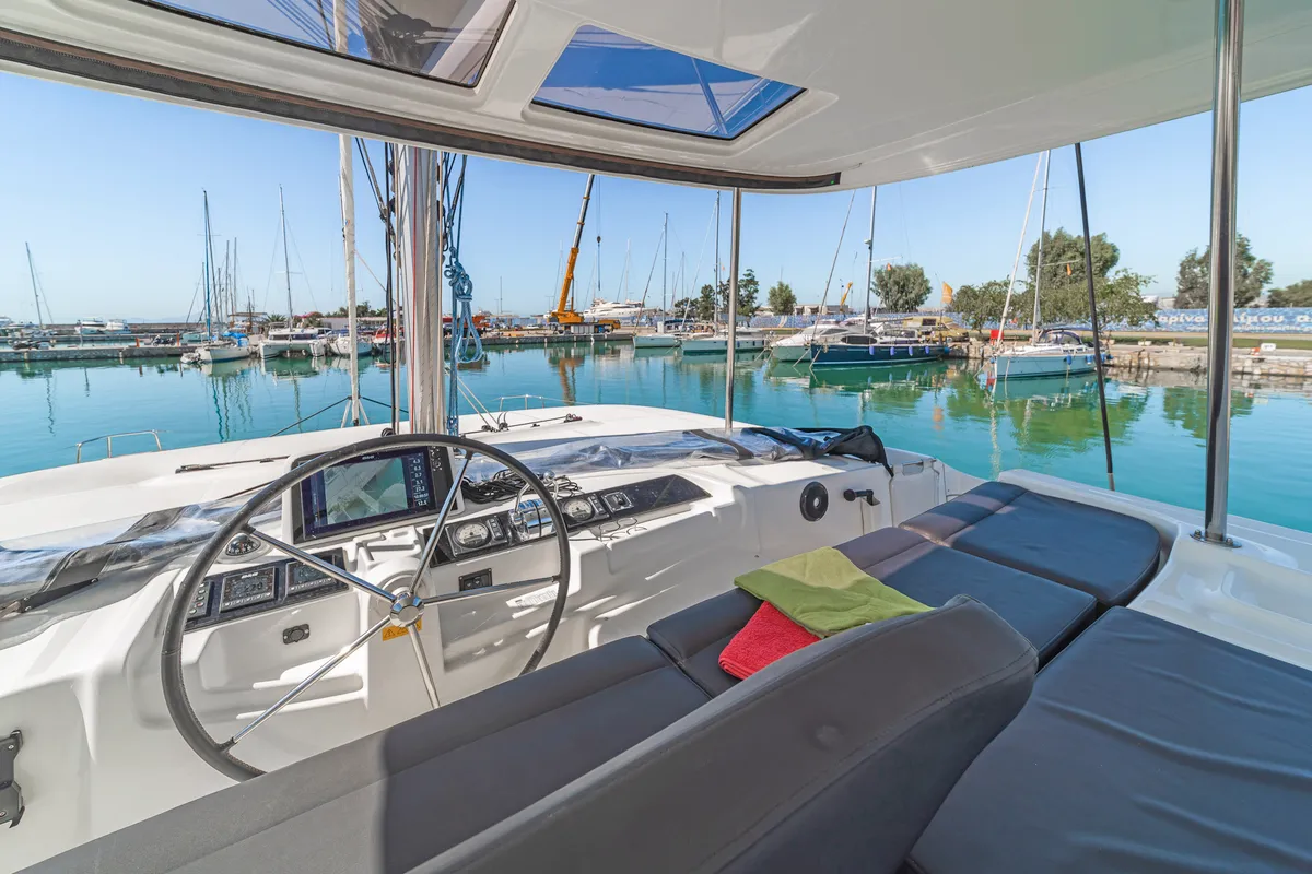 Cockpit of Harmony, a Lagoon 46 catamaran at Lavreotiki Municipal Unit, Greece