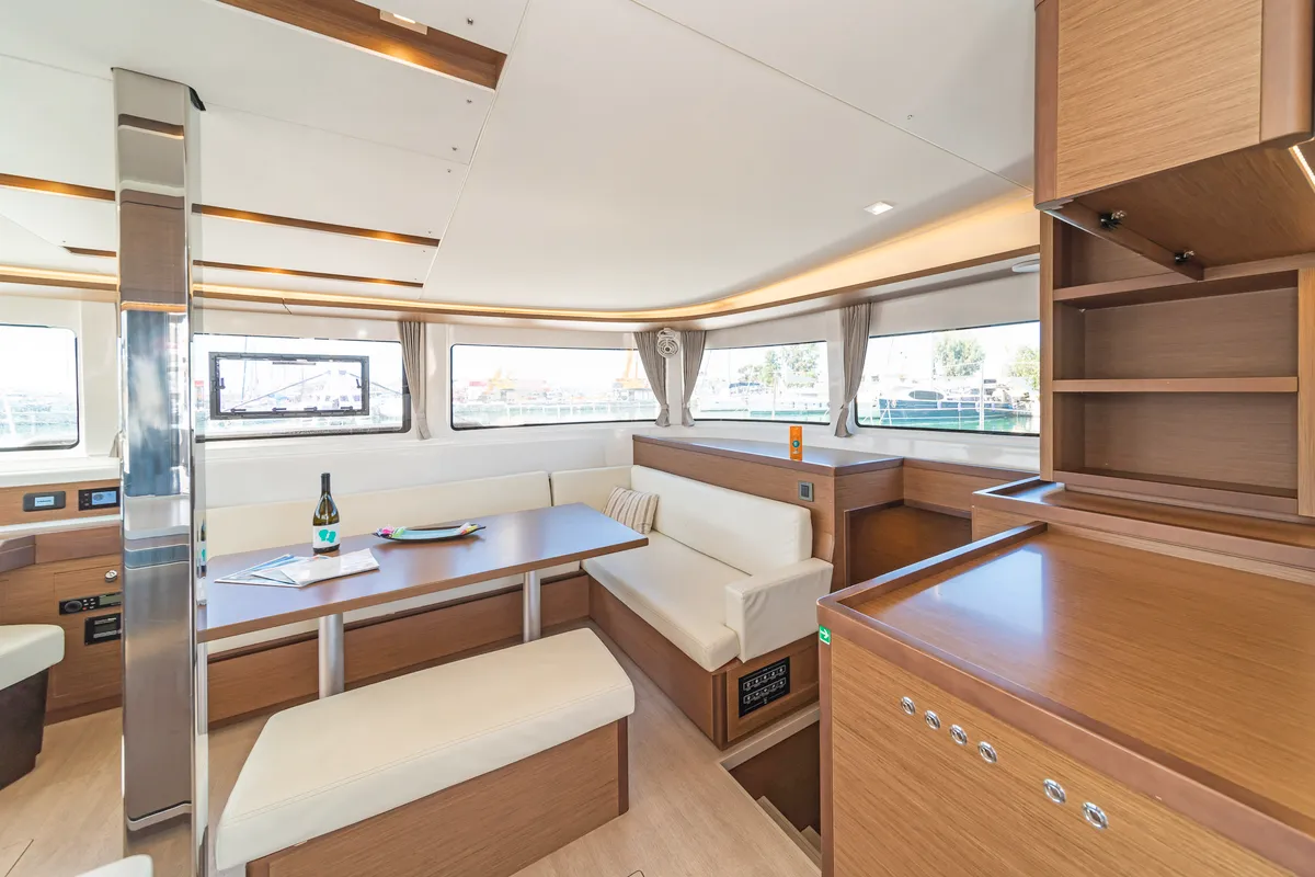 Salon of Harmony, a Lagoon 46 catamaran at Lavreotiki Municipal Unit, Greece