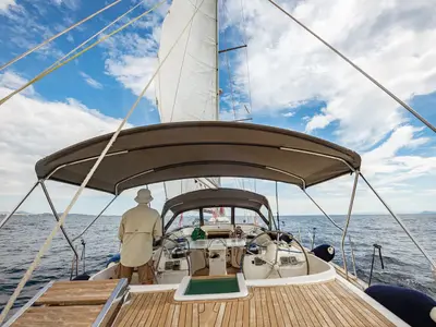 Cockpit of Christianna VIII, a Ocean Star 60.1 sailboat at Athens, Greece