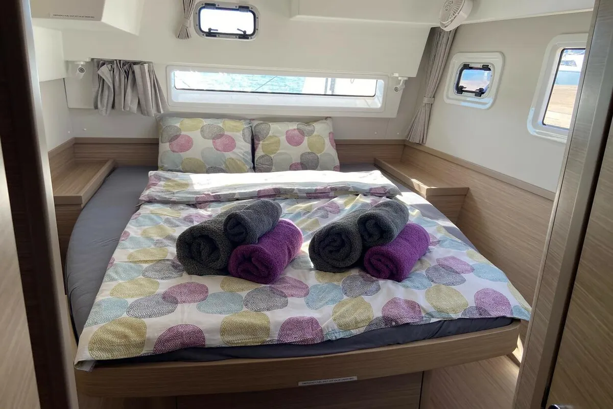 Cabin on Laurencia, a Lagoon 42 catamaran at Felanitx, Spain