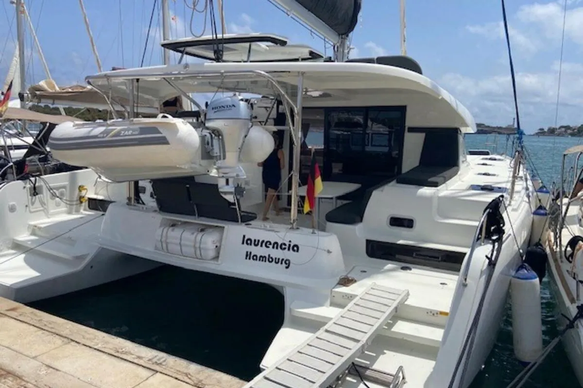 Exterior view of Laurencia, a Lagoon 42 catamaran at Felanitx, Spain
