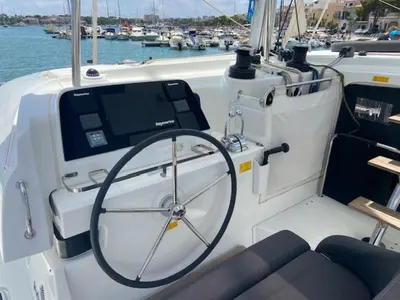 Cockpit of Laurencia, a Lagoon 42 catamaran at Felanitx, Spain