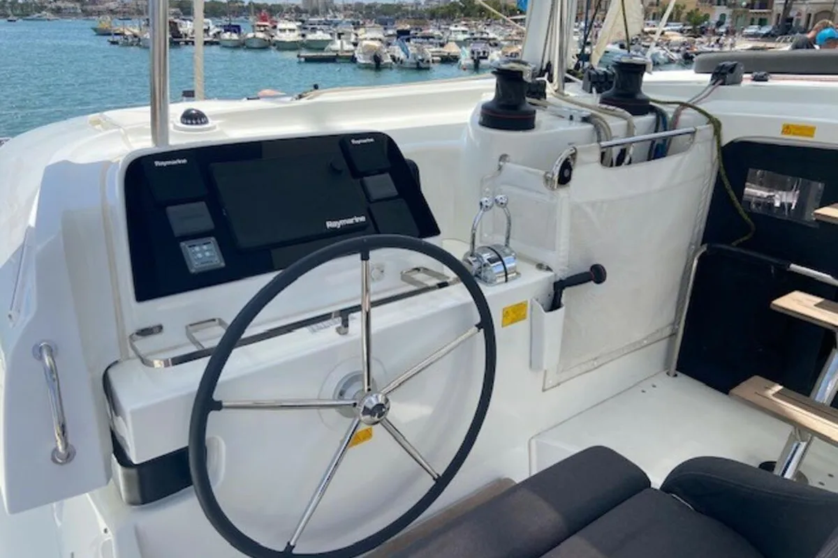 Cockpit of Laurencia, a Lagoon 42 catamaran at Felanitx, Spain