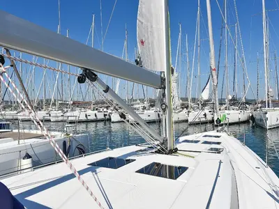 Deck of NADINE, a Bavaria Cruiser 45 sailboat at Sukošan, Croatia