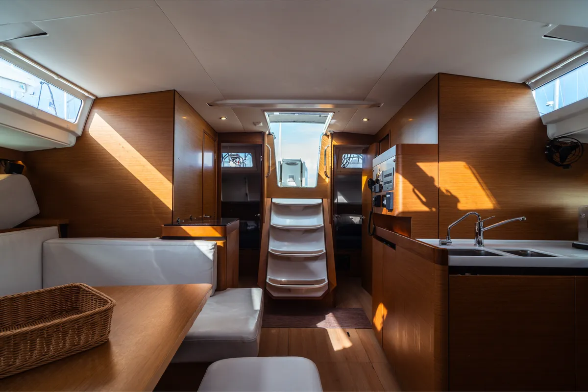 Galley of Aurora, a Jeanneau Sun Odyssey 490 sailboat at Olbia, Italy