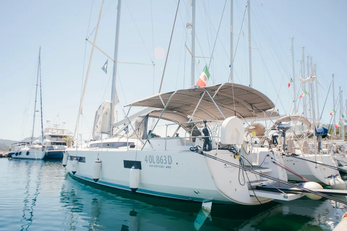 Exterior view of Aurora, a Jeanneau Sun Odyssey 490 sailboat at Olbia, Italy