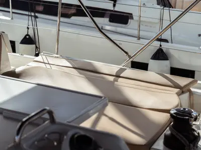 Deck of Aurora, a Jeanneau Sun Odyssey 490 sailboat at Olbia, Italy