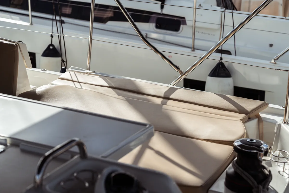 Deck of Aurora, a Jeanneau Sun Odyssey 490 sailboat at Olbia, Italy