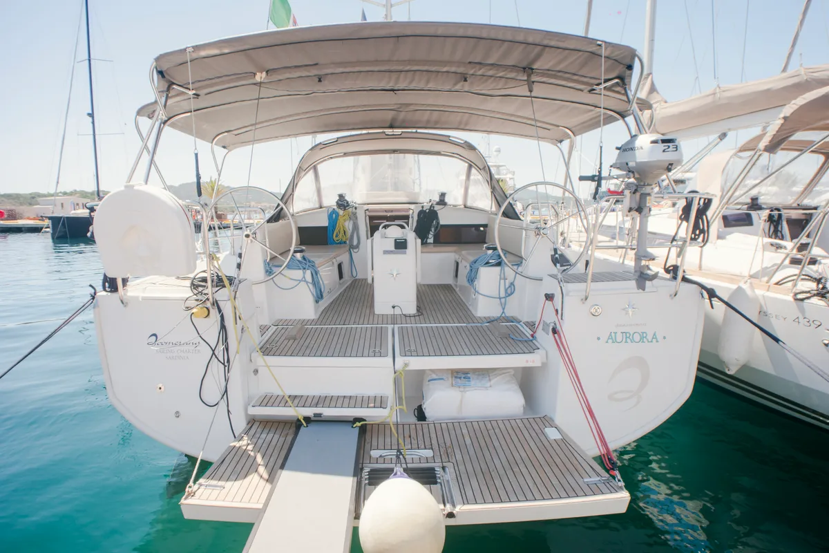Exterior view of Aurora, a Jeanneau Sun Odyssey 490 sailboat at Olbia, Italy