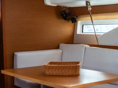 Salon of Aurora, a Jeanneau Sun Odyssey 490 sailboat at Olbia, Italy