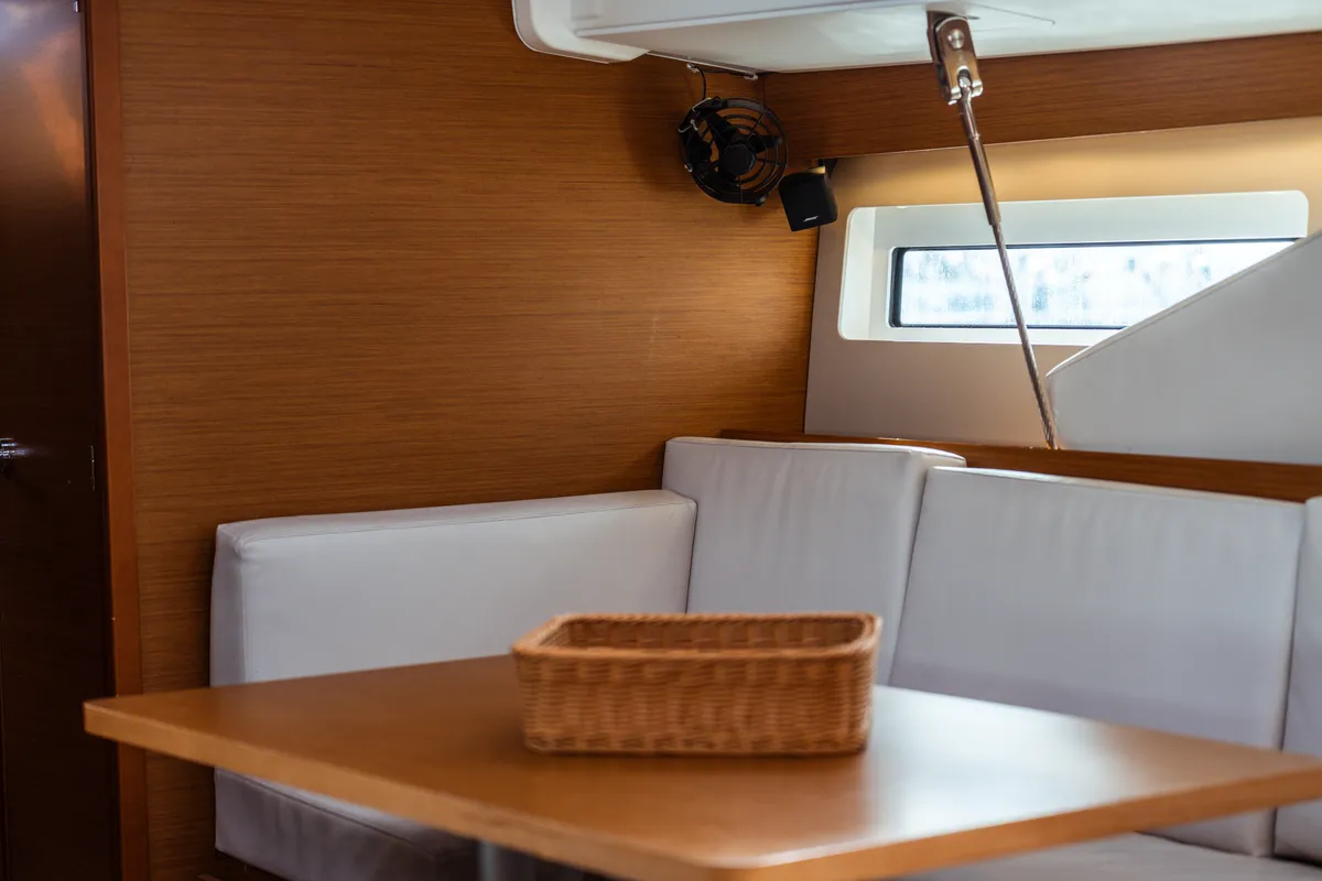 Salon of Aurora, a Jeanneau Sun Odyssey 490 sailboat at Olbia, Italy